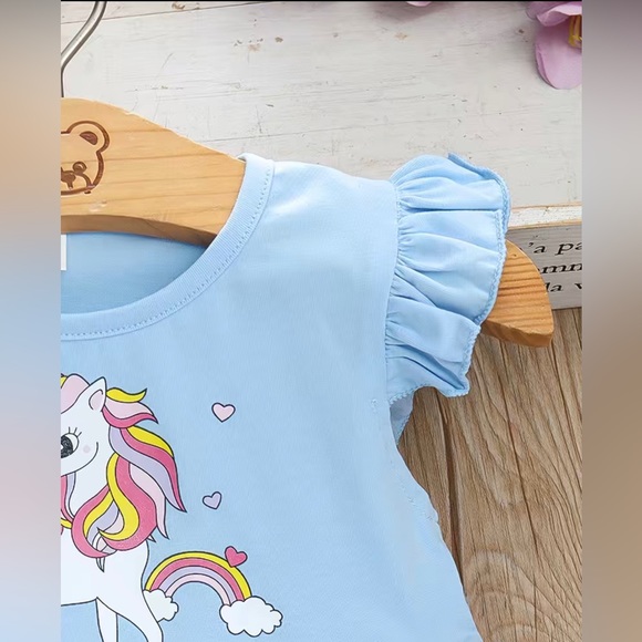 Baby Girls Cute Unicorn Graphic Design Mesh Short Sleeve Dress Clothes - Picture 7 of 8